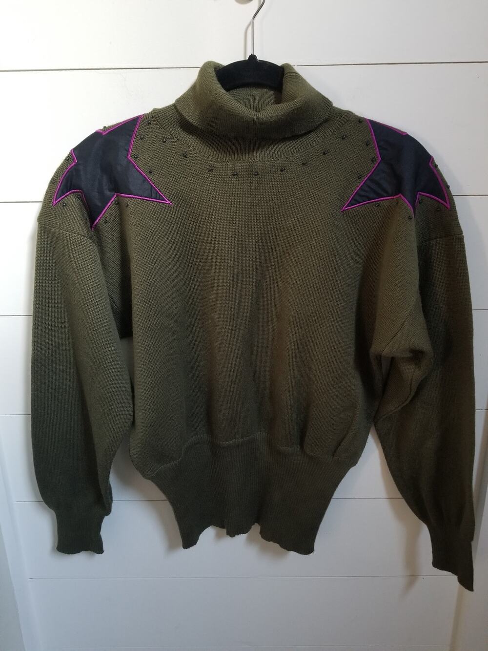 Vintage 80s Meister Green Wool Blend Knit Sweater Stars Beads Retro New Wave